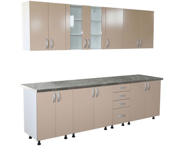 Bucatarie Zebra 260 cm din PAL Cappuccino cu blat termoizolant gri